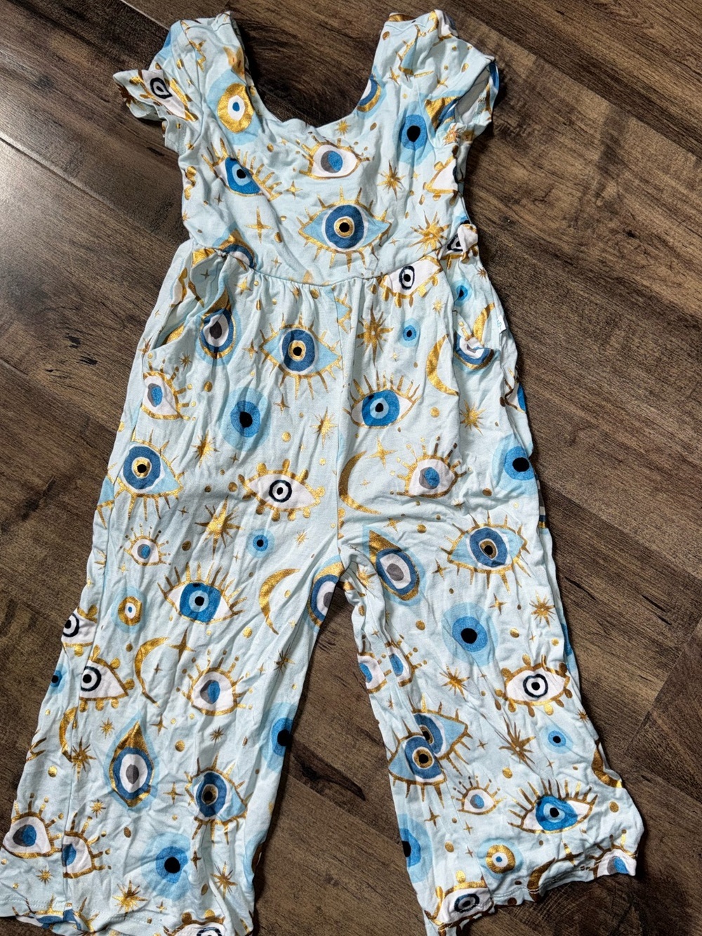 Posh Peanut Fiona Blue Evil Eye Wide Leg Romper 2T Gold Foil Moon Ruffle